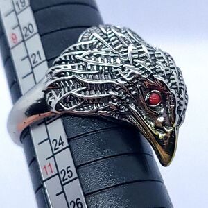 Red Eye Eagle Head Statement Ring Adjustable Silver Ravenclaw Viking Symbol